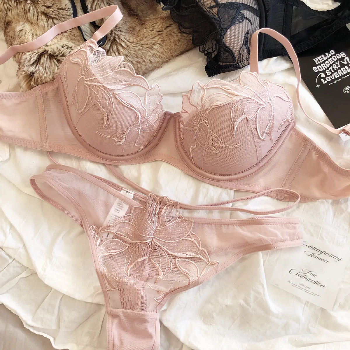Sexy Women Lace Flowers Embroidery Underwear French Thin Cup Push Up Bra Set Hollow Temptation Waist Bandage Thongs Lingerie Set - Matrix-studios.com