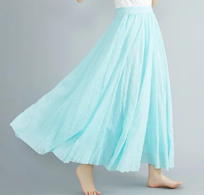 28-Color Mori Girl Literary Cotton Linen Dress Elastic Waist A-line Expansion Skirt Solid Color Ethnic Style Women Long Skirts - Matrix-studios.com