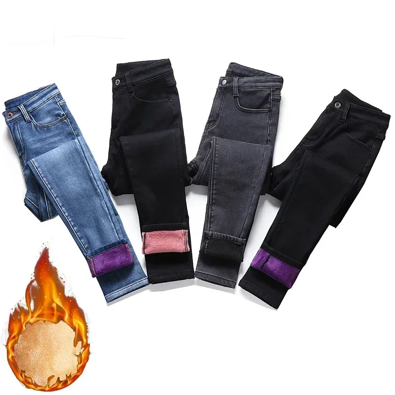 Women Thermal Skinny Jeans Mom Winter Warm Plush Stretch Jeans Lady Fleece Snow Denim Pants Student Pencil Straight Leg Trousers - Matrix-studios.com