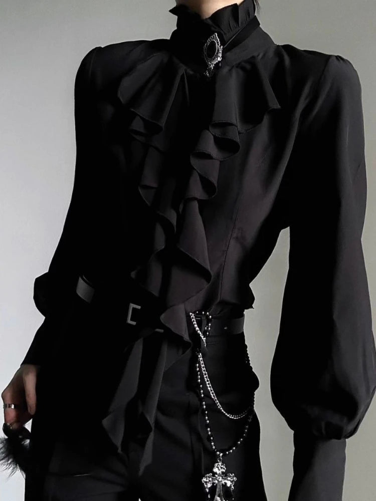 Deeptown White Ruffles Elegant Vintage Women Blouses Black Y2k Victorian Gothic Long Sleeve Stand Collar Shirts Loose Preppy - Matrix-studios.com