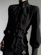 Deeptown White Ruffles Elegant Vintage Women Blouses Black Y2k Victorian Gothic Long Sleeve Stand Collar Shirts Loose Preppy - Matrix-studios.com