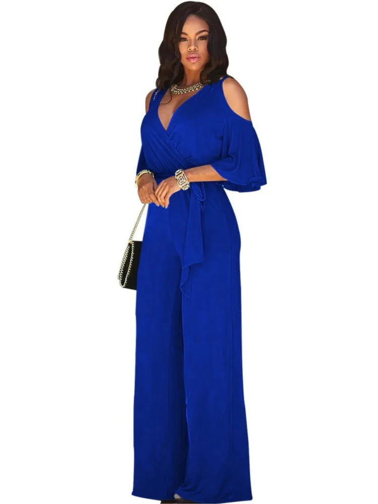 Spring Summer Solid Color Women Sexy Deep V Neck Short Sleeve Rompers Fashion Slim Fit Lace Up Elegant Female Wide Leg Jumpsuit - Matrix Studios