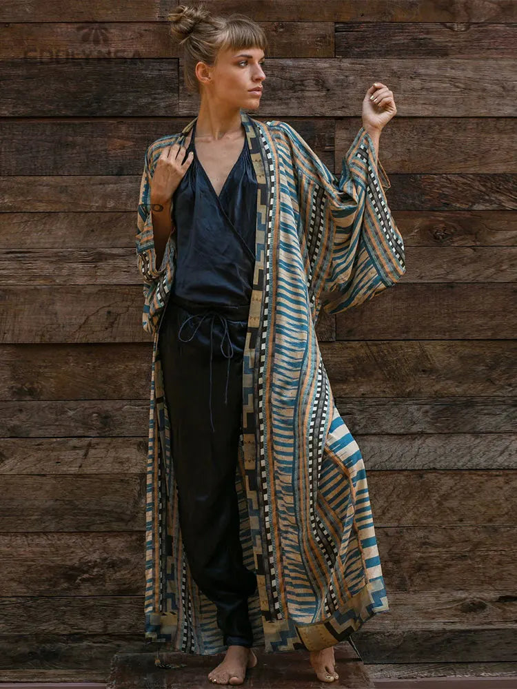 Bohemian Printed Bikini Cover-ups Elegant Self Belted Kimono Dress Tunic Women Plus Size Beach Wear Swim Suit Cover Up Q1228 - Matrix Studios