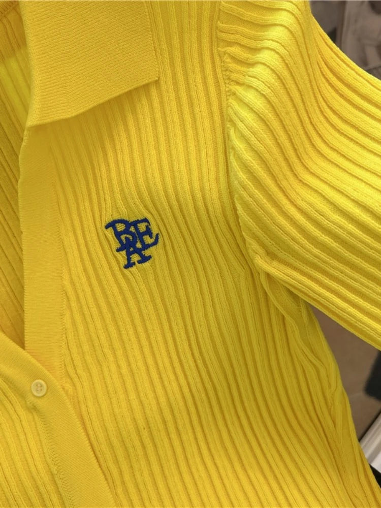 Summer Yellow Knitted Polo Shirt Women's 2024 New French V-Neck Letters High Waist Slim-Fit Ice Silk Top Short-Sleeved T-Shirt - Matrix-studios.com