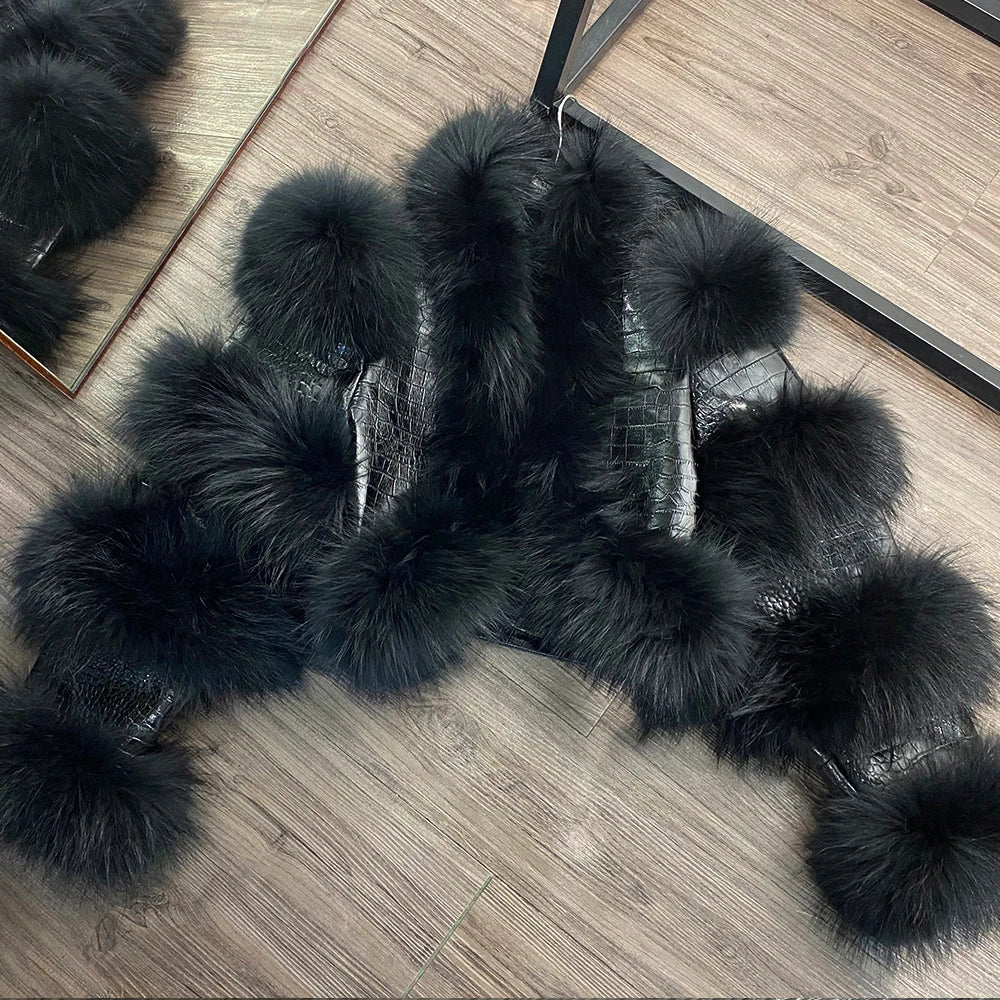 Fur Bomber Ladies New Fashion Jacket Crocdile Sheep Leather With Natural Fur 3573 - Matrix Studios