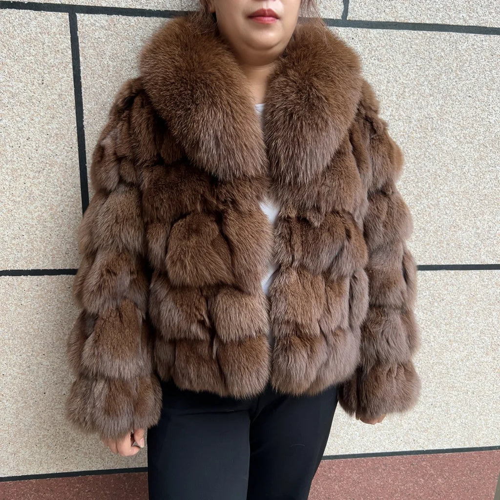 HUA QIU MEI SI Women's Natural Fox Fur Jacket with Fox Collar for Winter Warmth, Short Style Real Fox Fur Leather Jacket - Matrix Studios