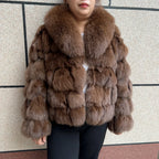 HUA QIU MEI SI Women's Natural Fox Fur Jacket with Fox Collar for Winter Warmth, Short Style Real Fox Fur Leather Jacket - Matrix Studios