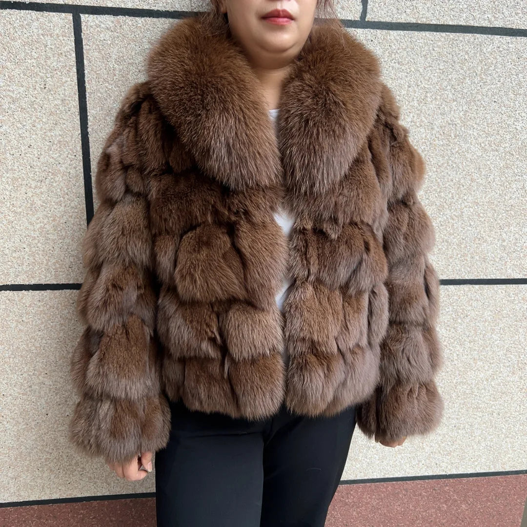 HUA QIU MEI SI Women's Natural Fox Fur Jacket with Fox Collar for Winter Warmth, Short Style Real Fox Fur Leather Jacket - Matrix Studios