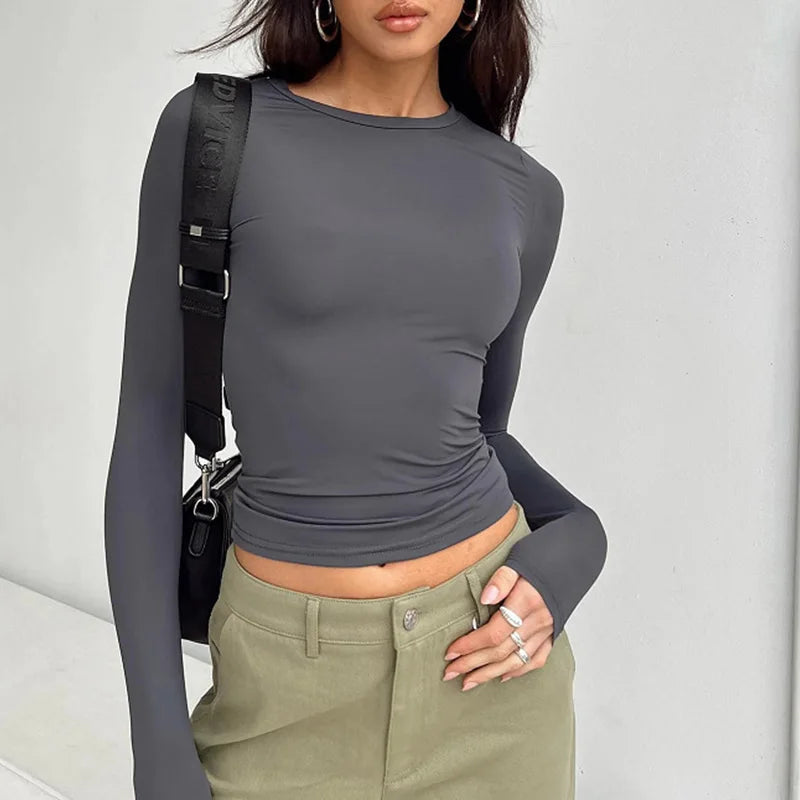 Women Casual Long Sleeve T-Shirts Spring Autumn Solid Slim Fit Pullovers Tees Shirts Female Streetwear Base Tees Tops  Casual - Matrix-studios.com