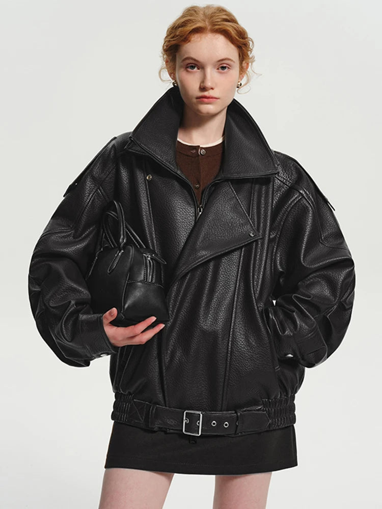 Lautaro Spring Autumn Cool Brown Oversized Pu Leather Jacket Women Long Sleeve Zip Up Luxury Designer American Retro Clothing - Matrix Studios