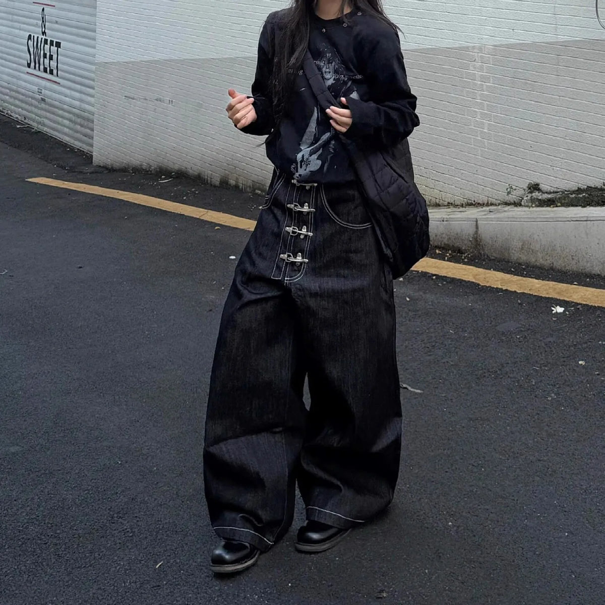 Women’s Multi-button Design Curved Wide-leg Jeans High Waist Straight Baggy Denim Pants Female Vintage Street Style Trouser - Matrix-studios.com