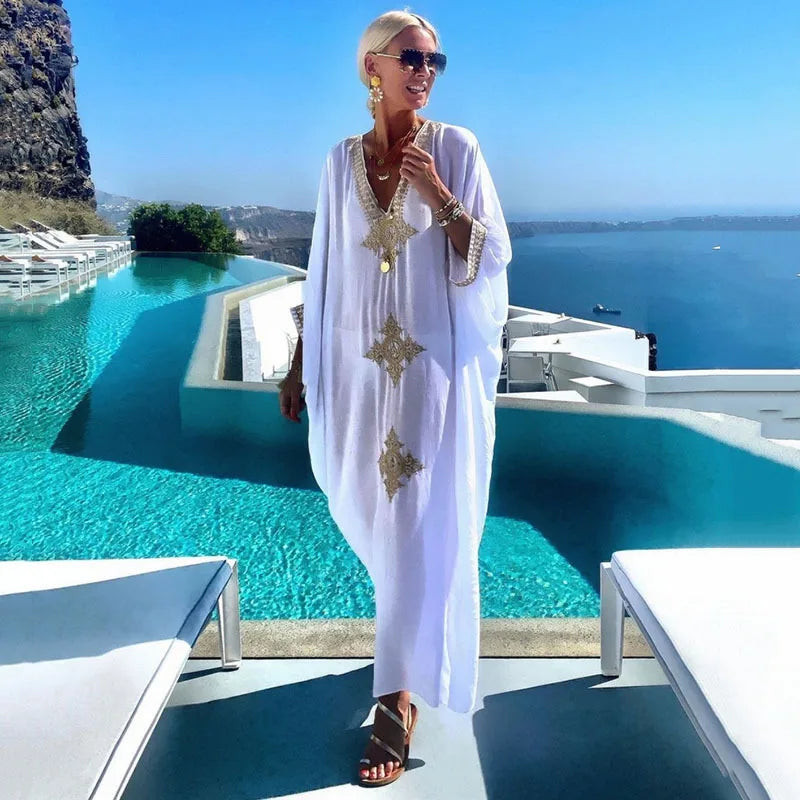 Women's Clothing Gold Embroidery Long Kaftan Dresses V Neck Caftan Dress Beach Cover Ups Tunic Maxi Dress - Matrix Studios