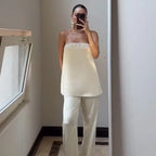 HXAO Satin Pant Sets Women's Two Pieces Set Strapless Off Shoulder Tube Vest 2 Piece Sets Woman Outfit High Waist Trousers Sets - Matrix-studios.com