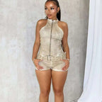 Women Two Pieces Short Sets Solid Matching Set Zipper Sleeveless Coat Mini Lenth Pants Skinny Slim Streetwear Casual 2025 Summer