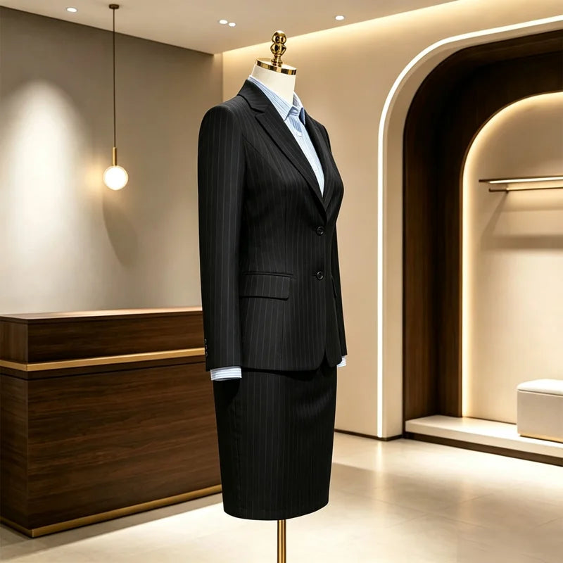 Best-Selling Navy Pinstripe Women Suit Set Wool Anti-Static Stretch Uniform For Office Corporate Business - Matrix-studios.com