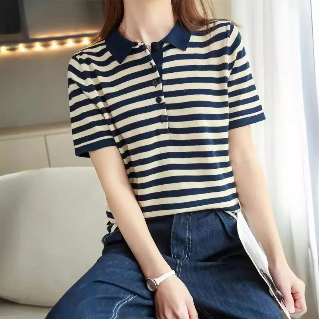 WinvyNee Summer Women's Cotton Striped Polo T-Shirt Women Clothing Tops Short Sleeve Sweater Casual Basic Pullover A1002004A - Matrix-studios.com