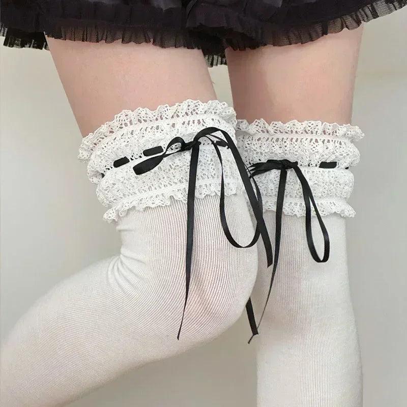 Lolita Over Knee-high Socks Cotton Sweet Lace Bow Ribbon Kawaii Calf-length Socks Thigh-high Stockings JK Cosplay Accessories - Matrix Studios