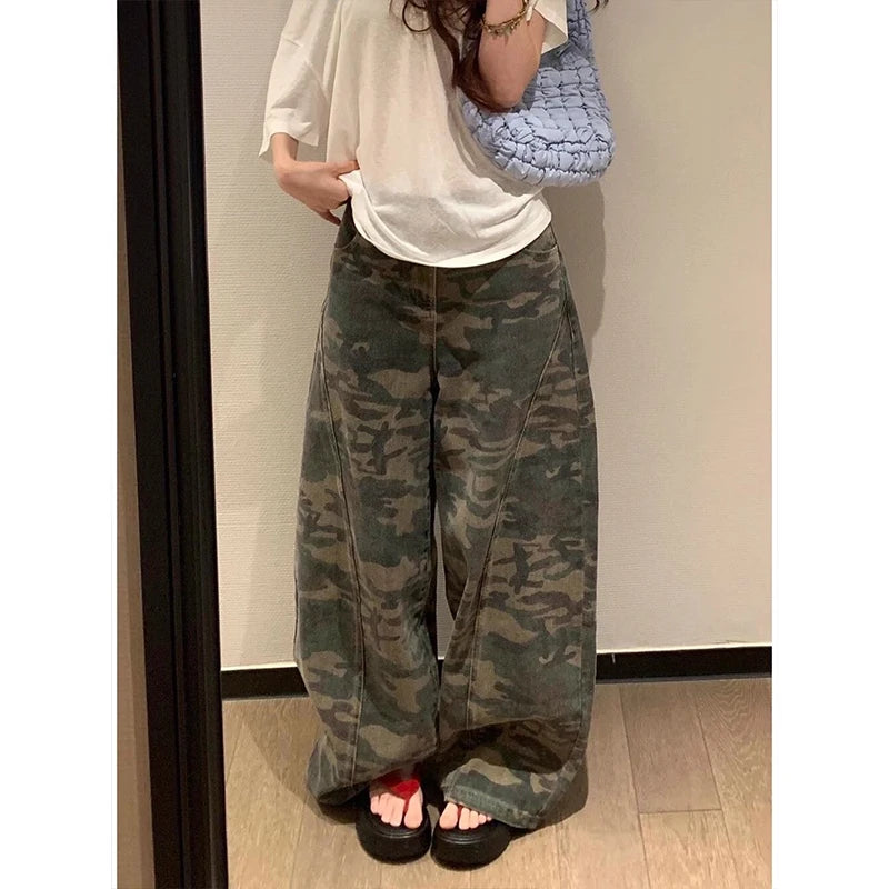 Womens Military Green Jeans High Waist Vintage Straight Baggy Hip Hop American Fashion Wide Leg Denim Trouser Y2K Denim Pants - Matrix-studios.com