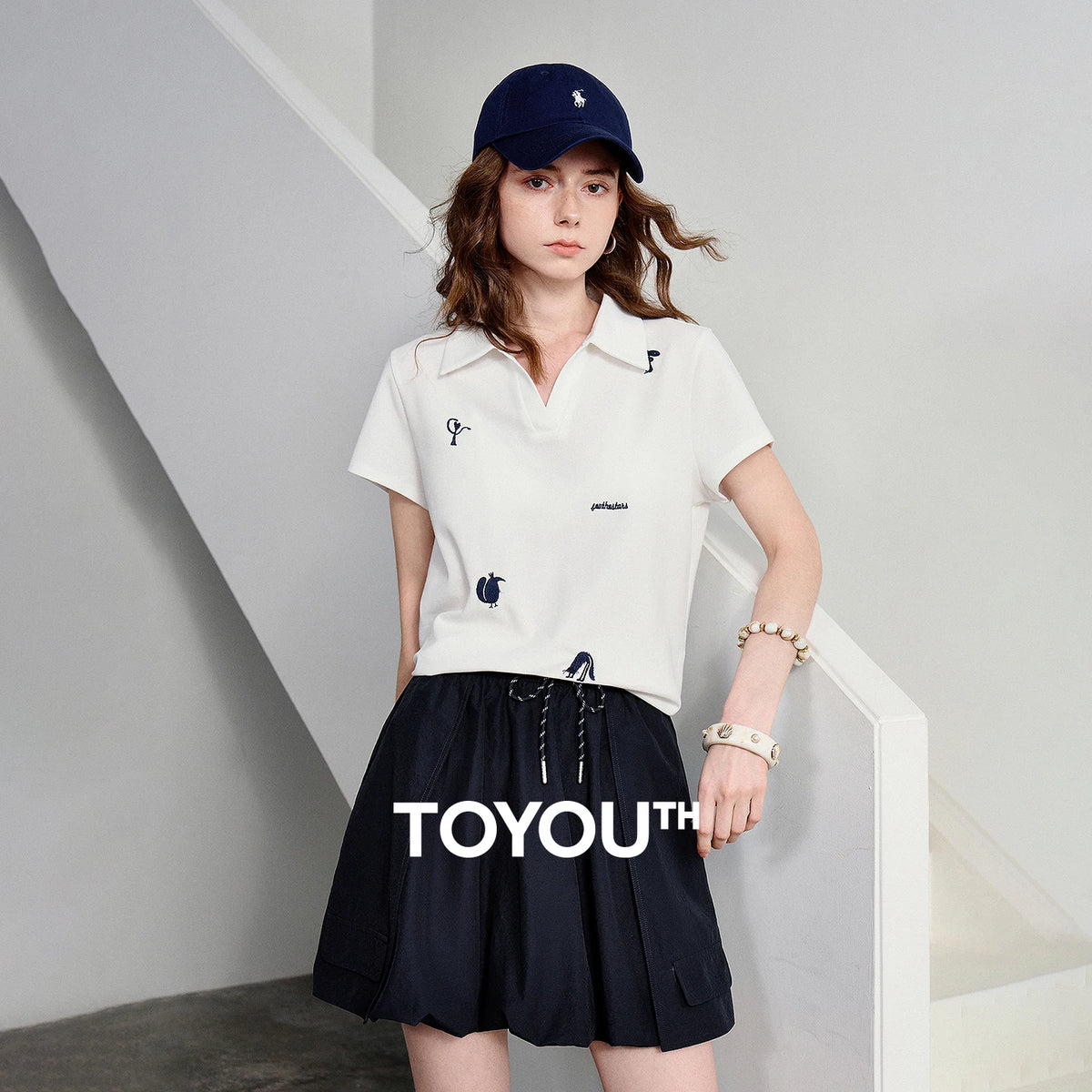 TOYOUTH Women Polo T-Shirt 2026 Summer Joint Name with Gongchangzhang Embroidered V-Neck Age-Reducing Trendy Tops - Matrix-studios.com