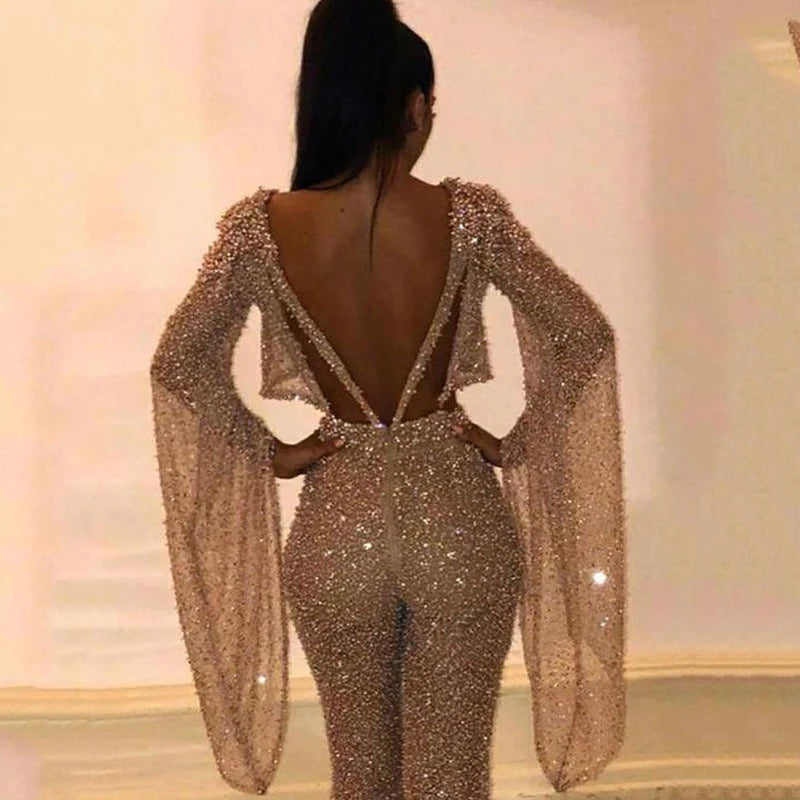 Sexy Backless Hollow Bandage Jumpsuit Women Spring O-neck Flare Sleeve Straight Playsuit Fall Sequin Shiny Party Romper Overalls - Matrix Studios