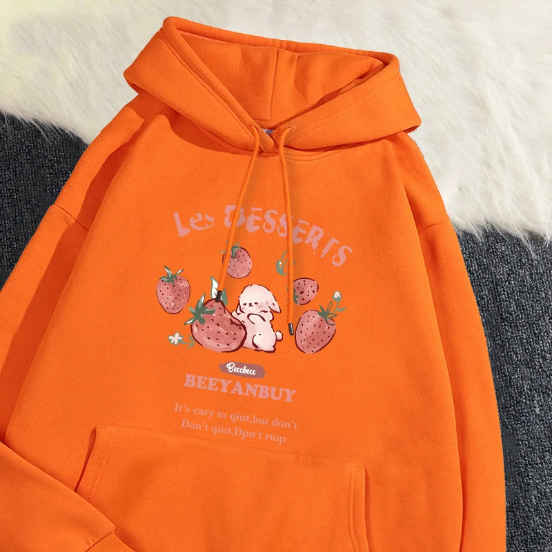 Fashion Women'S Hoodie Cute Strawberry And Rabbit Printed Sweatshirt Pocket Soft Warm Breathable Pullover Autumn Winter Hoody - Matrix Studios