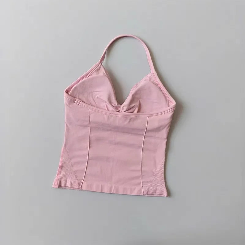 Sexy Halter Neck Beautiful Back High Waist Peach Sports Bras Shorts Suit Pilates Gathering Yoga Vest Training Fitness Bra Sets - Matrix-studios.com