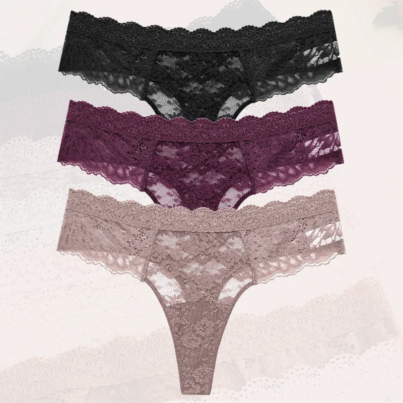 3Pcs Lace Sexy Thongs Women Low-Rise Briefs Sexy Soft Ladies Underwear Trendy Floral Underpants Female Flowery Panty Lingerie - Matrix Studios