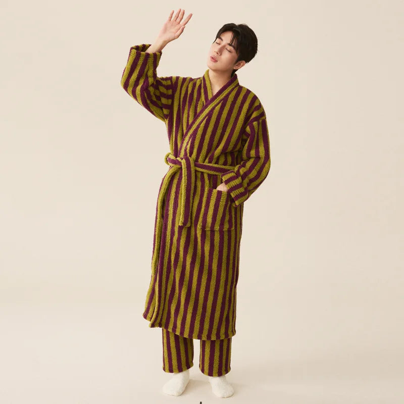 Thickened Flannel Robe Pants Pajamas Set Autumn Winter New Couple Coral Velvet Women Men Bathrobe Striped Lengthed Home Clothes - Matrix-studios.com