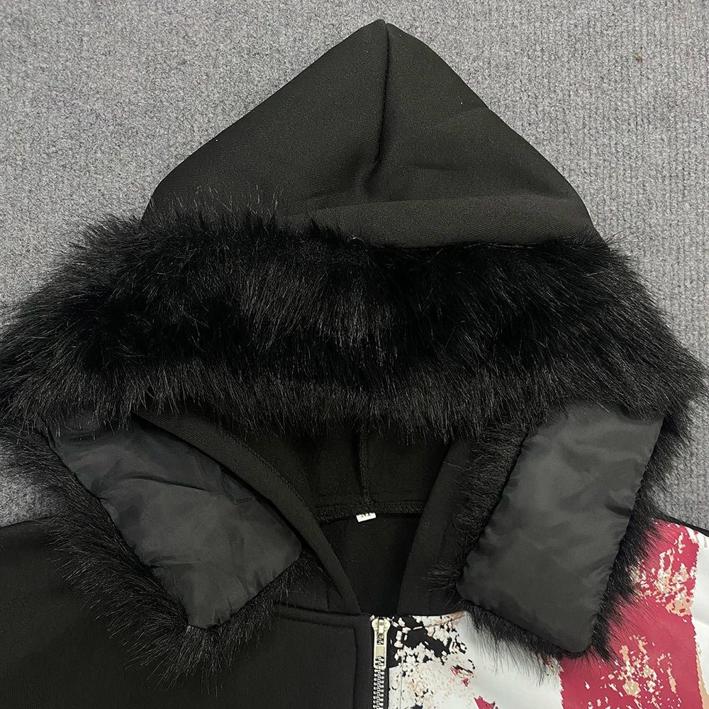 Retro Y2K Ins Fur Collar Printed Zipper Sweatshirt Long Sleeved Pullover Hoodie Street Trend Casual Retro Jacket - Matrix Studios