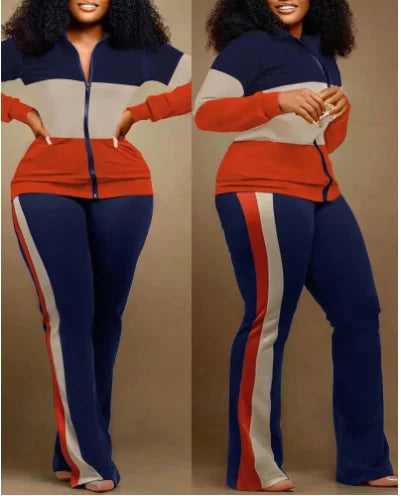 Two Piece Set Women Outfit 2023 Autumn Fashion Geometric Print Stand Collar Long Sleeve Zip Up Top & Casual Sporty Pants Set - Matrix-studios.com