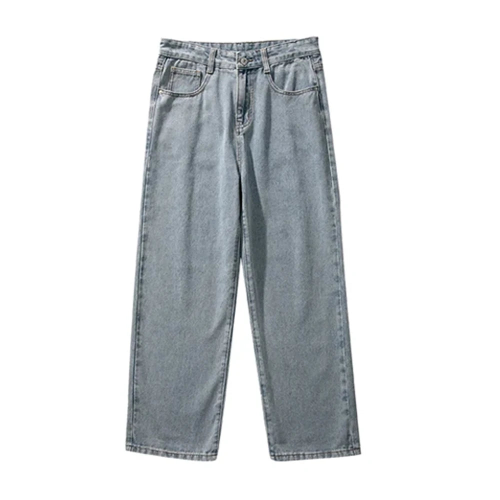 Korean Solid Colors Men's Casual Long Jeans Classic Man Four Seasons Straight Denim Wide-leg Pants Light Blue Grey Black 3XL - Matrix Studios