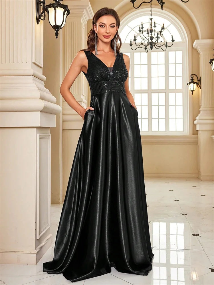 Elegant Sequins Evening Dress For Women 2024 Deep V-neck Satin Prom Party Green Dress Floor Length Blue Formal Gowns - Matrix-studios.com