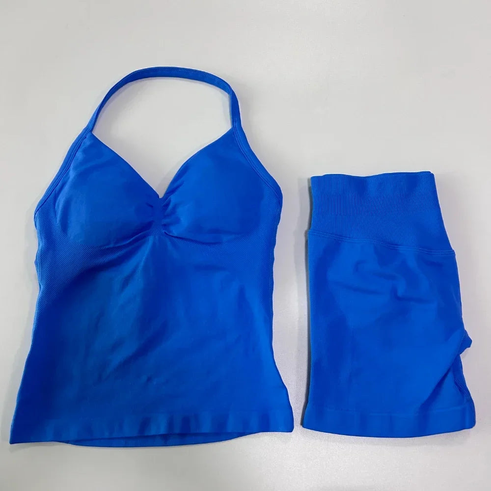 No Logo 2 Pieces Sports Set Women Backless Tank Tops High Waist Scrunch Seamless Shorts Gym Set Sportswear Workout Set Yoga - Matrix-studios.com