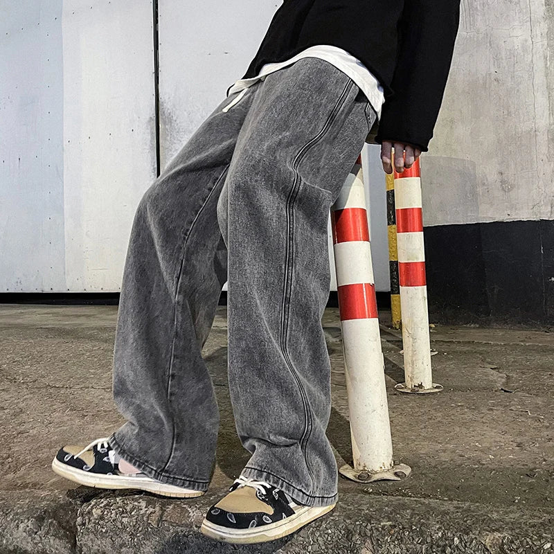 New Streetwear Loose Jeans Men Korean Style Fashion Loose Straight Wide Leg Pants Men's Brand Clothing Black Light Blue - Matrix Studios