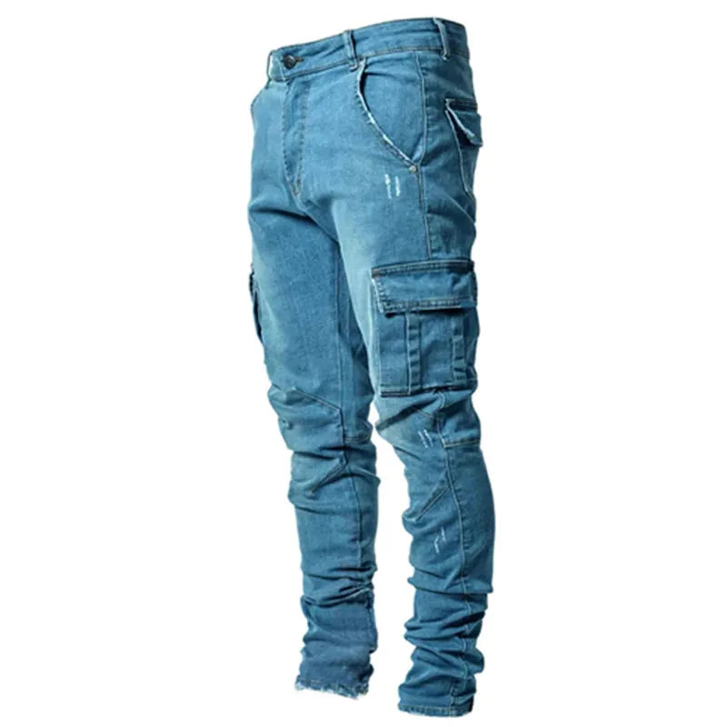 2026Jeans Men Pants Wash Solid Color Multi Pockets Denim Mid Waist Cargo Jeans Plus Size Fahsion Casual Trousers Male Daily Wear - Matrix Studios
