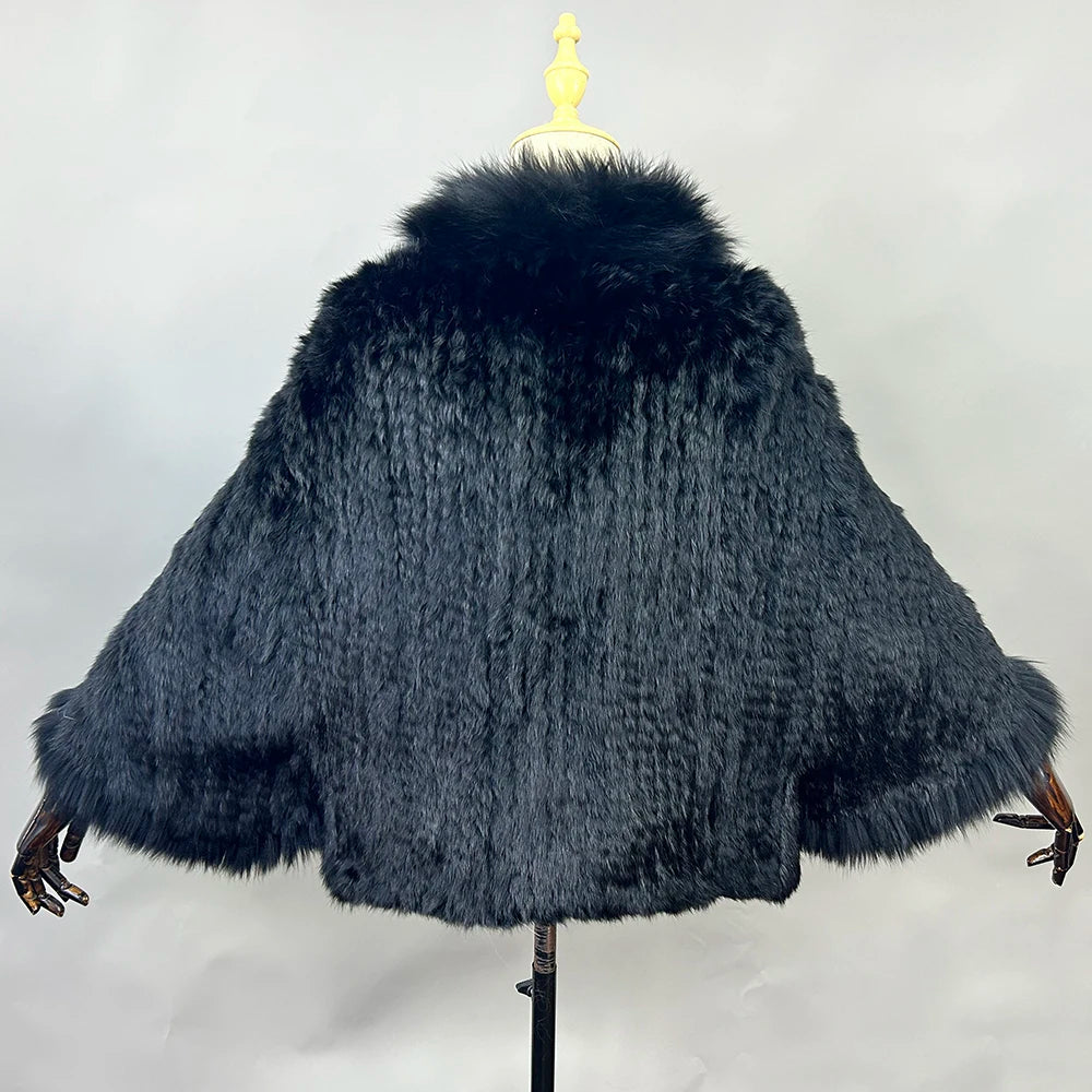 New Real Genuine Natural Knitted Rabbit Fur Shawl Coat With Fox Fur Collar Women's Fashion Knit Jacket Cape - Matrix Studios