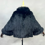 New Real Genuine Natural Knitted Rabbit Fur Shawl Coat With Fox Fur Collar Women's Fashion Knit Jacket Cape - Matrix Studios