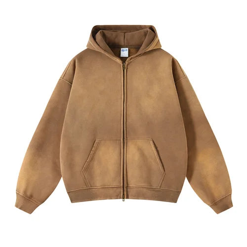 Men's Zip Up Hoodies Tie Dye Washed Double Oversize Cardigan Sweatshirt Loose Plus Plush Gradient Man Hooded Pullovers Winter - Matrix Studios