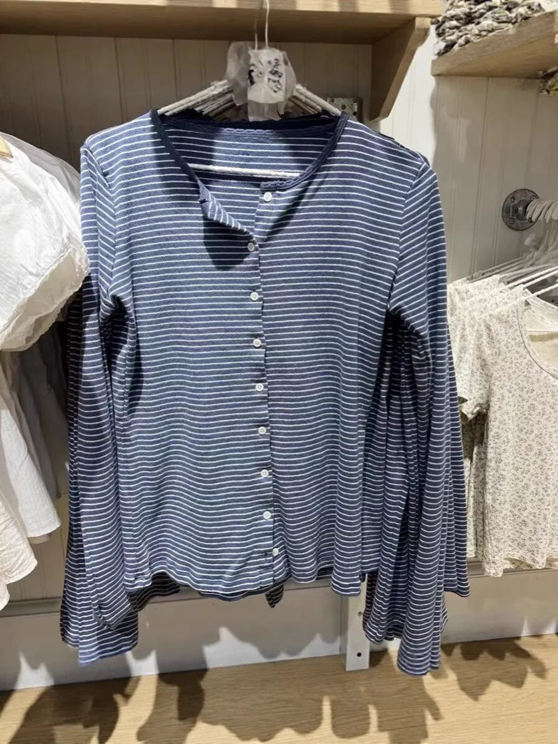 Pink Striped Slim Long Sleeve Tees Women Spring Casual Cotton O-neck Tshirt New Tops Clothes Sweet Cute  Vintage T-shirts Y2K - Matrix-studios.com