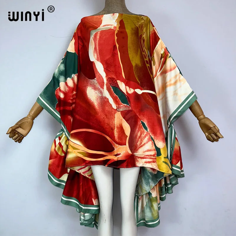 WINYI Women Summer Fashion Evening Party Beachwear Kuwait Bohemian Abaya Kaftan Puff Sleeve Sexy Elegant Beach Cover Up Dress - Matrix Studios