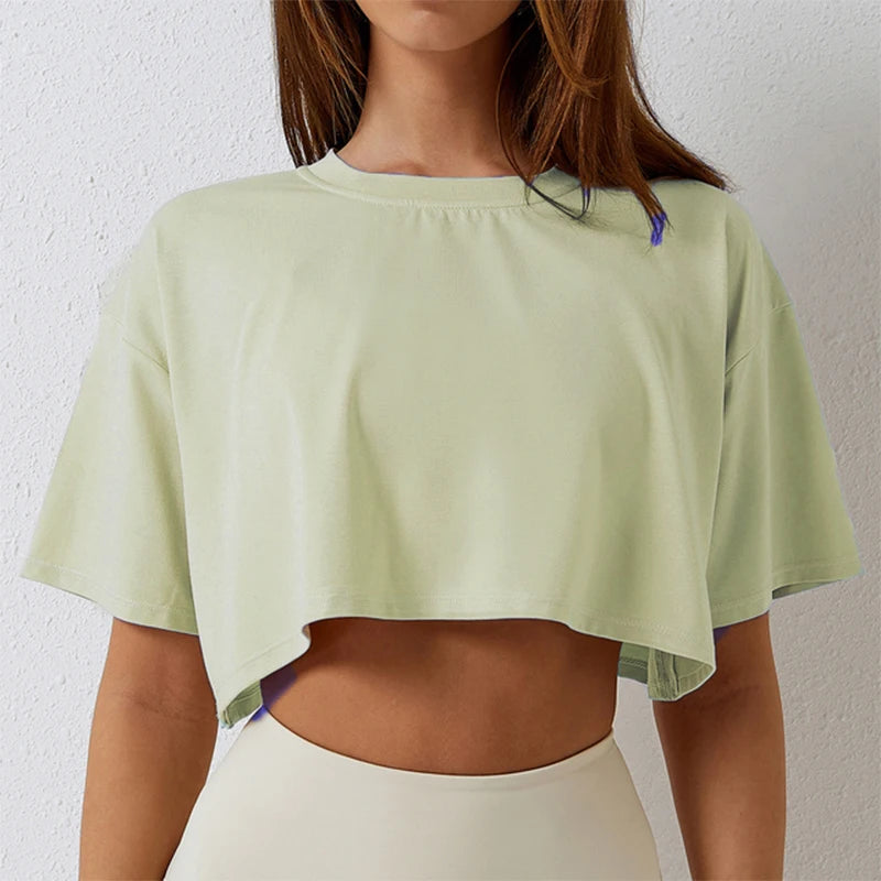Cotton Women Short Sleeve Dance Running Clothes Yoga Fitness Crop Top  Navel Baring New Sport T-shirt Loose Gym Workout Shirts - Matrix-studios.com