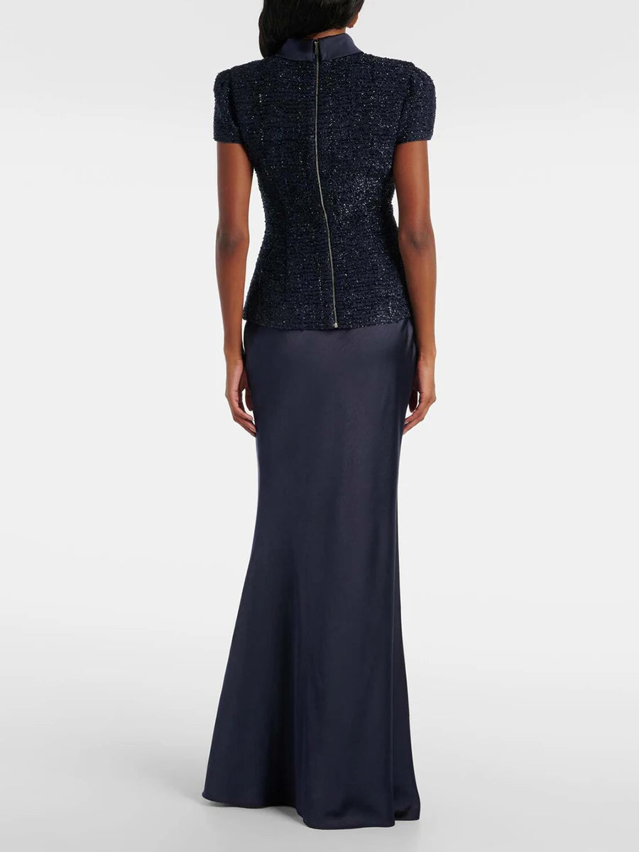 VGH Chic Two Piece Sets for Women Stand Collar Short Sleeves Spliced Pocket Tweed Top High Waist Maxi Skirts Vintage Suit Female - Matrix-studios.com