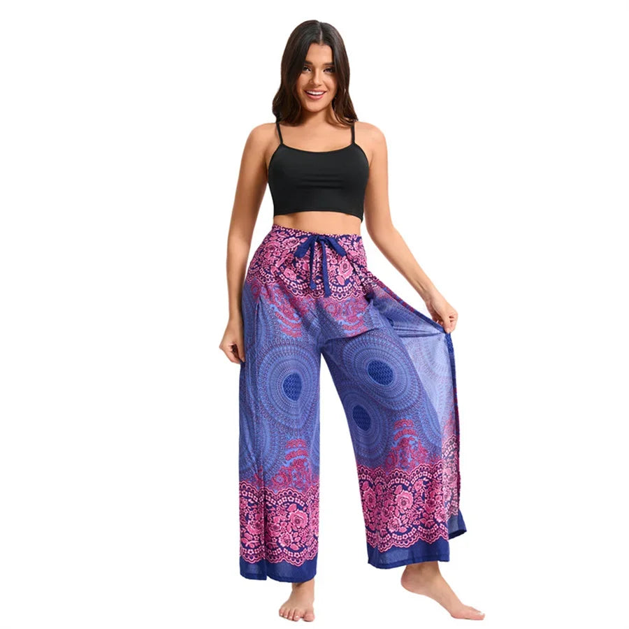 Women's Boho Palazzo Pants Wide Leg Yoga Wrap Tie Up Waistband Beach Cover Up Trousers Rayon Soft Breathable Loose Pants - Matrix Studios