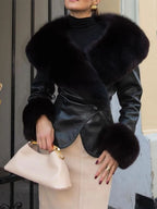 Black Faux Fur Collar Leather Jacket Elegant Lapel V-neck Waist Cinching Long-sleeved Short Coats Lady Winter Commute Coat 2026 - Matrix Studios