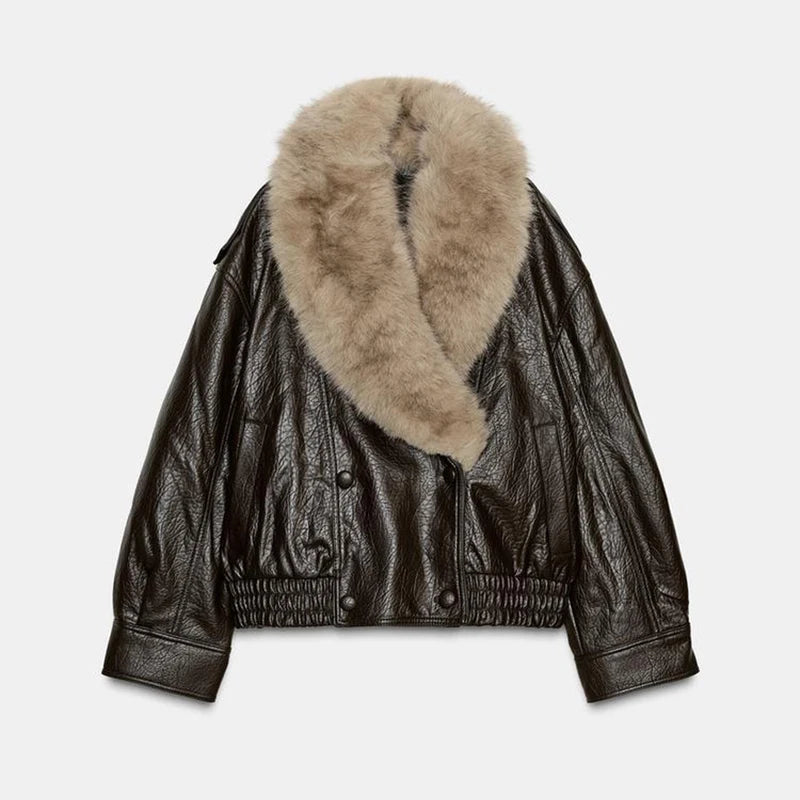 Elegant PU Fur Patchwork Jacket Women Loose Detachable Collar Lapel Double Breasted Jackets Female Fashion Winter Warm Outwear - Matrix Studios