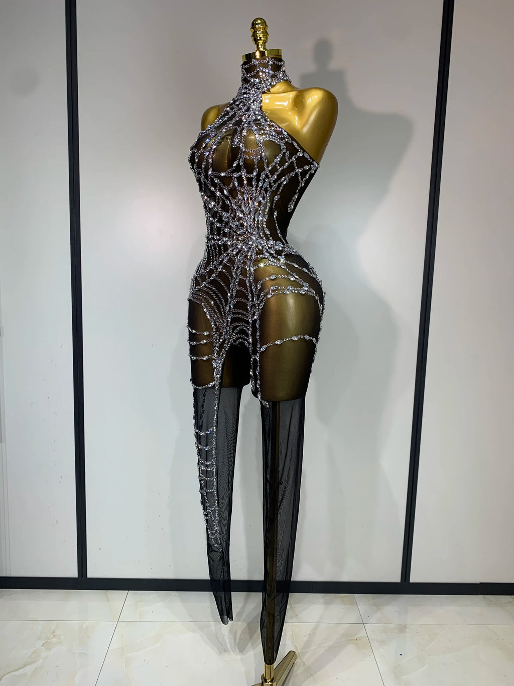 STOCK Sparkly Diamond Women Sexy Mesh Jumpsuit Nightclub Bar Party Show Gogo Dancer Clothing Drag Queen Outfit Stage Costume - Matrix Studios