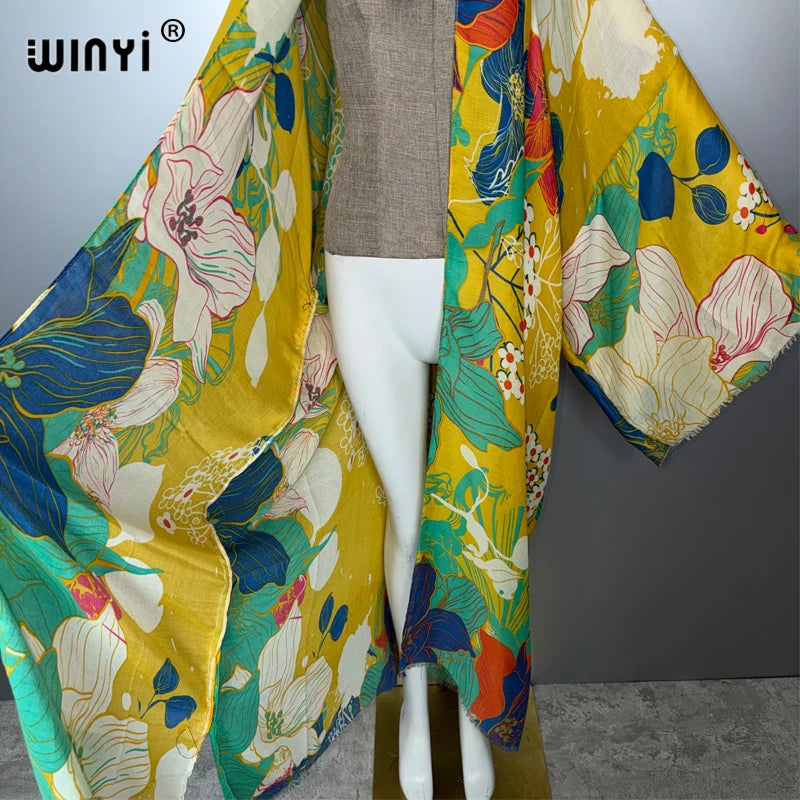 WINYI Africa Fashion Kimono Maxi Dress Beach Cover Up Cardigan Boho Coat Print Caftan Beach Outfits Women Abaya Dubai Luxury - Matrix Studios