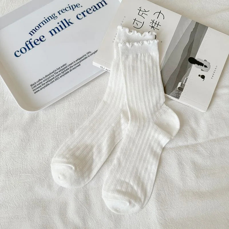 5 Pairs/Lot Women Hollow Mesh Tube Socks Ear Fungus Edge Socks Ins Trendy Spring Summer Loose Mouth Thin Style Girls Pile Socks - Matrix Studios