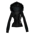 Y2K Harajuku Gothic Women's Hoodie Sexy Slim Chic Suede Fur Collar Letter Print Cardigan Sweatshirt Aesthetic Female Streetwear - Matrix Studios