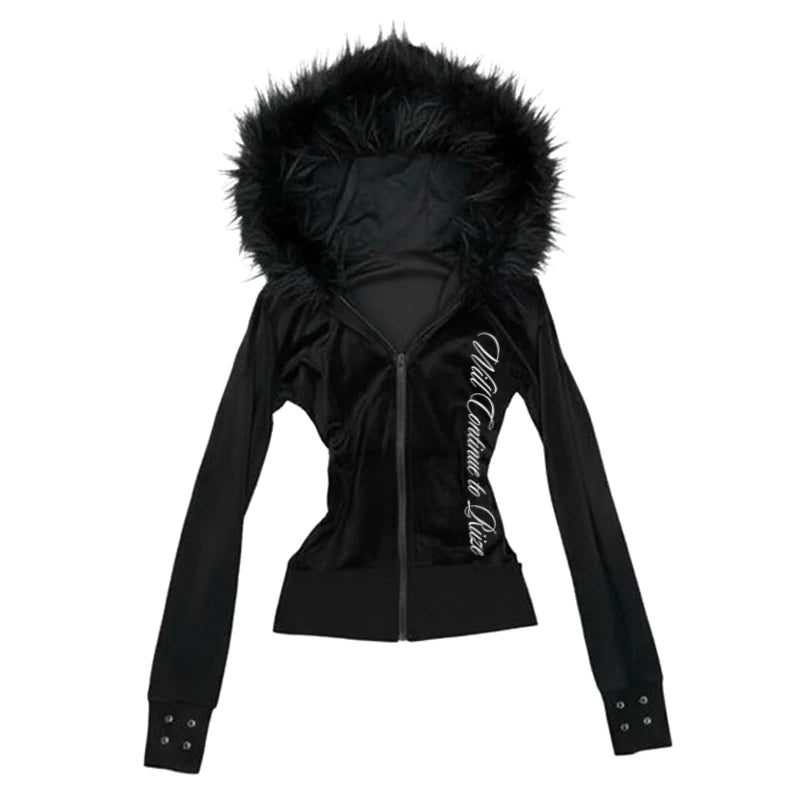 Y2K Harajuku Gothic Women's Hoodie Sexy Slim Chic Suede Fur Collar Letter Print Cardigan Sweatshirt Aesthetic Female Streetwear - Matrix Studios